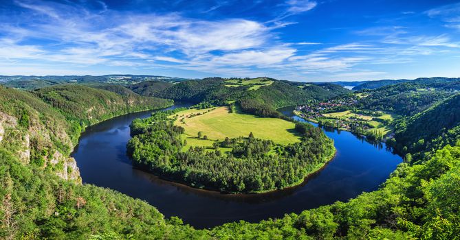 View of Vltava river horseshoe shape meander from Solenice viewpoint, Czech Republic