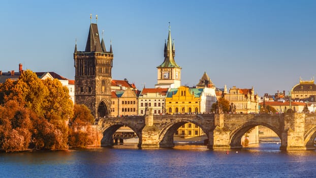 Charles Bridge (a.k.a. Karluv most, Stone Bridge, Kamenny most, Prague Bridge, Prazhski most) over Vltava river in Prague, Czech Republic.
