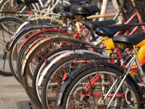 A row of old bicycles lined up on a street