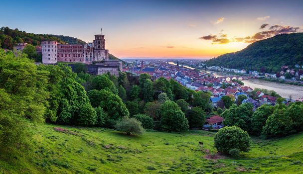 Heidelberg town with the famous old bridge and Heidelberg castle, Heidelberg, Germany