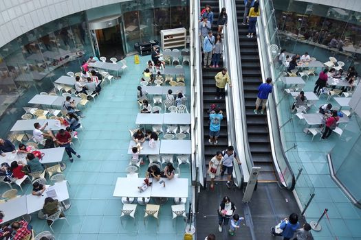 KAOHSIUNG, TAIWAN -- APRIL 5, 2019: An outdoor sitting area in the basement of the Hanshin department store.
