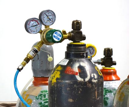 KAOHSIUNG, TAIWAN -- MARCH 30, 2019: Oxygen tanks and pressure gauges are used to demonstrate industrial capabilities.
