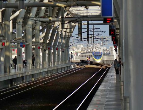 PINGTUNG, TAIWAN -- FEBRUARY 14, 2018: A train pulls into the recently completed new Pingtung City railway station.
