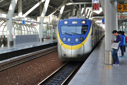 PINGTUNG, TAIWAN -- FEBRUARY 14, 2018: A train pulls into the recently completed new Pingtung City railway station.