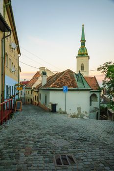 View of the alleys in the old city with St. Martins Cathedral, in Bratislava, Slovakia
