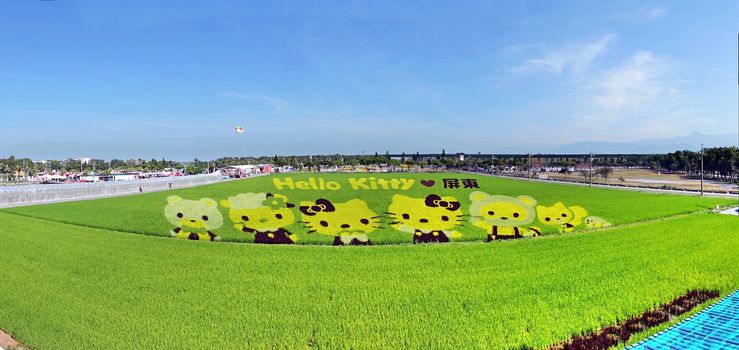 PINGTUNG, TAIWAN -- FEBRUARY 14, 2018: Farmers grow different color strains of rice to create Hello Kitty images in a rice field at the Pingtung Tropical Agricultural Fair.