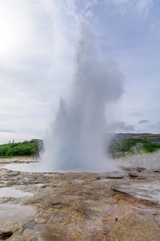 View of an eruption of the Strokkur geyser, in Geysir, Iceland