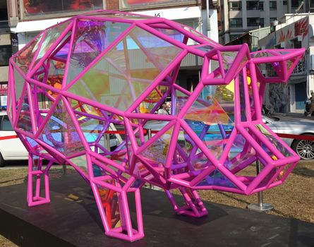 KAOHSIUNG, TAIWAN -- FEBRUARY 9, 2019: To celebrate the Chinese New Year of the Pig a modern pig public art display is on show at the Lantern Festival.
