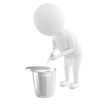 3d white character putting waste in a waste bin - 3d rendering