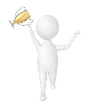 3d character excited , holding a golden trophy - 3d rendering