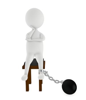 3d character sitting ina chair , leg tied to a weight , - 3d rendering