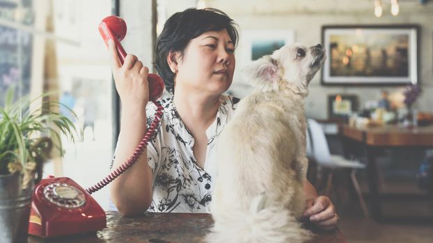 Asian women and dog so cute mixed breed with Shih-Tzu, Pomeranian and Poodle in coffee shop cafe with a red telephone vintage style
