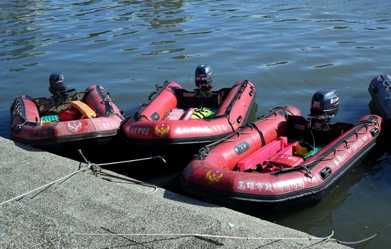 KAOHSIUNG, TAIWAN -- MAY 21, 2017: The fire department prepares rubber dinghys as a safety measure for the Dragon Boat Festival.