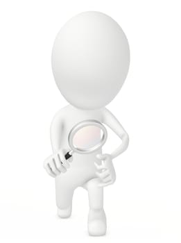 3d character , man on knee holding magnifier in hands- 3d rendering