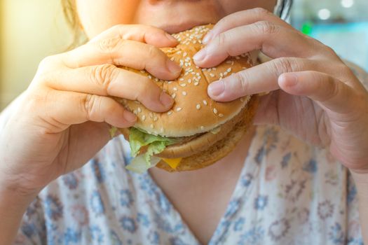 Asia woman plump body eating a hamburger is a unhealthy food at fastfood , process in soft orange sun light style