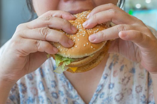 Asia woman plump body eating a hamburger is a unhealthy food at fastfood