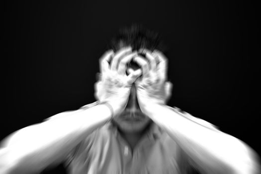 Asian short hair man feeling sadness and stress, Black and white abstract style