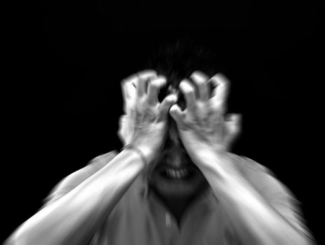 Asian short hair man feeling sadness and stress, Black and white abstract style