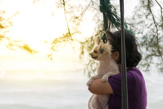 Asia woman plump body and her dog posing on swing at beach with blue sea and sky when travel , process in soft orange sun light style