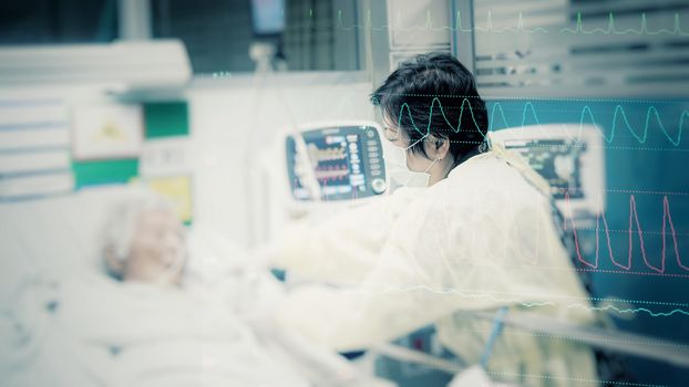 Asian women 40s years old in isolation gown non-sterile coat is a patient relative taking care of the CRE. or VRE. infected elder patient 80s years old on bed in the hospital with graph for heart rate
