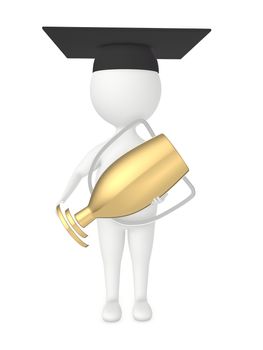 3d character , man wearing graduate cap and holding a golden trophy - 3d rendering