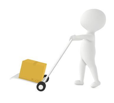 3d white character moving a trolley with cardboard box , 3d rendering