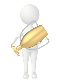 3d character holding a golden trophy - 3d rendering