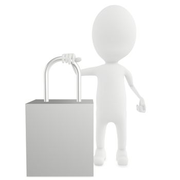 3d white character leaning his hand over a lock - 3d rendering