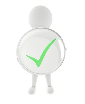 3d character holding a green tick in a circular revealer - 3d rendering