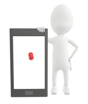 3d character , man with a smartphone and a pin in it on the empty screen- 3d rendering