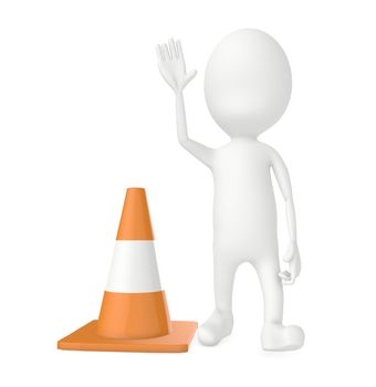 3d character work men showing stop gesture , traffic cones near by - 3d rendering