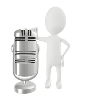 3d character , man leaning his hand over a mic- 3d rendering