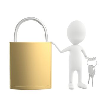 3d white character leaning his hand over a lock and holding keys on his other hand - 3d rendering