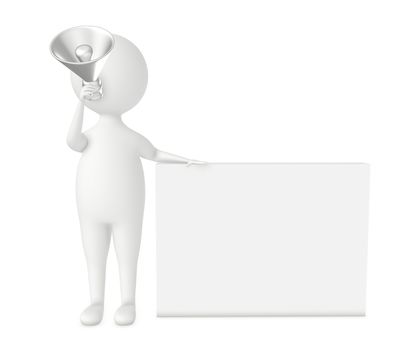 3d character man , holding a megaphone leaning his hands over a empty rectangular board - 3d rendering