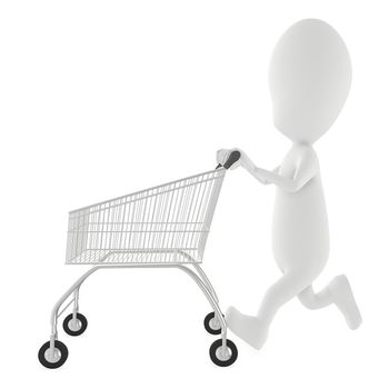 3d character , man moving an empty shopping cart- 3d rendering