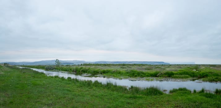 Panoramic landscape near the village Kirkjubaearklaustur, in south Iceland