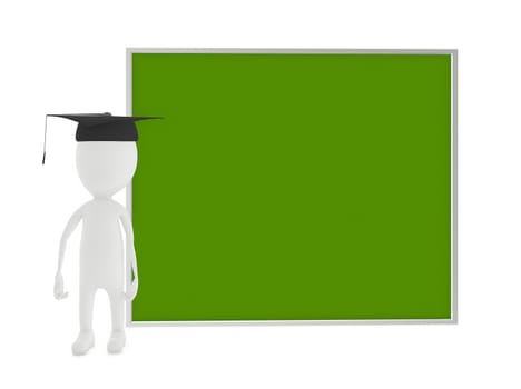3d character , graduate and a empty green board - 3d rendering