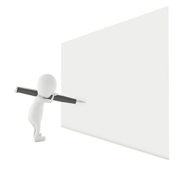 3d character ,holding a pen and writing on a white empty space - 3d rendering