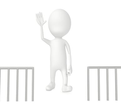 3d character , man , barrier , showing stop hand gesture- 3d rendering