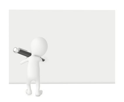 3d character ,holding a pen and writing on a white empty space - 3d rendering