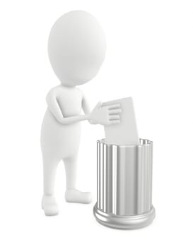 3d white character putting waste in a waste bin - 3d rendering