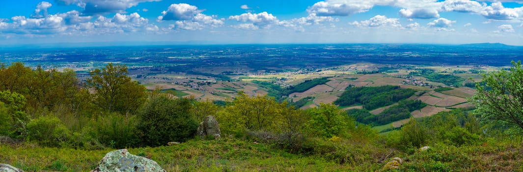 Panoramic landscape of vineyards and countryside in Beaujolais, Rhone department, France