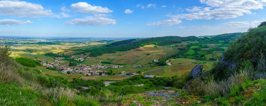 Panoramic landscape of vineyards and countryside, viewed from the Rock of Solutre (la roche), in Saone-et-Loire department, Burgundy, France