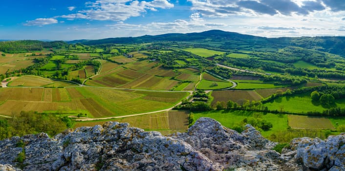 Panoramic landscape of vineyards and countryside, viewed from the Rock of Solutre (la roche), in Saone-et-Loire department, Burgundy, France