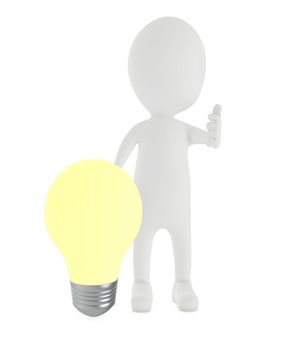 3d character , man presenting a illuminated bulb - 3d rendering