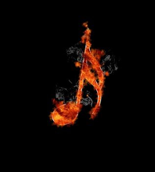 Musical note in flames on black background