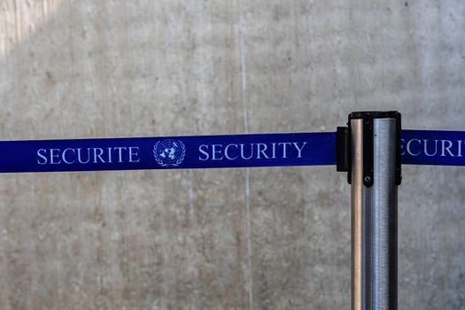 Geneva, Switzerland - April 15, 2019: Tape Security at the United Nations Palace entrance