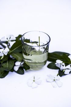 White colored flowers with its extracted in a transparent glass isolated on white along with leaves of flowers.