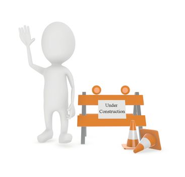 3d character men showing stop gesture , traffic cones and under construction board near by - 3d rendering