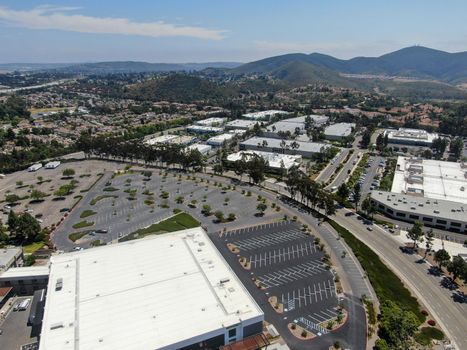 Aerial view to industrial zone and company office, storage warehouse in Rancho Bernardo Executive Center, California, USA.